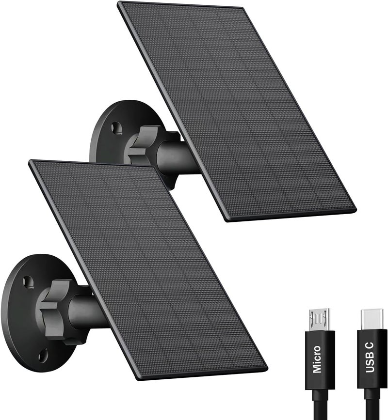 VUEBEE 2W Solar Panel for Security Camera Outdoor, USB/USB-C Charger with IP65 Waterproof, 360° Adjustable Mount & 7.2ft Cable, Compatible with Rechargeable Battery Cameras (2 Pack, Black) - Image 1